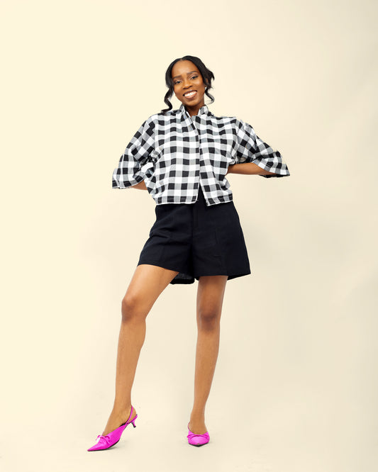 CHECKERED SHIRT & BLACK SHORT SET